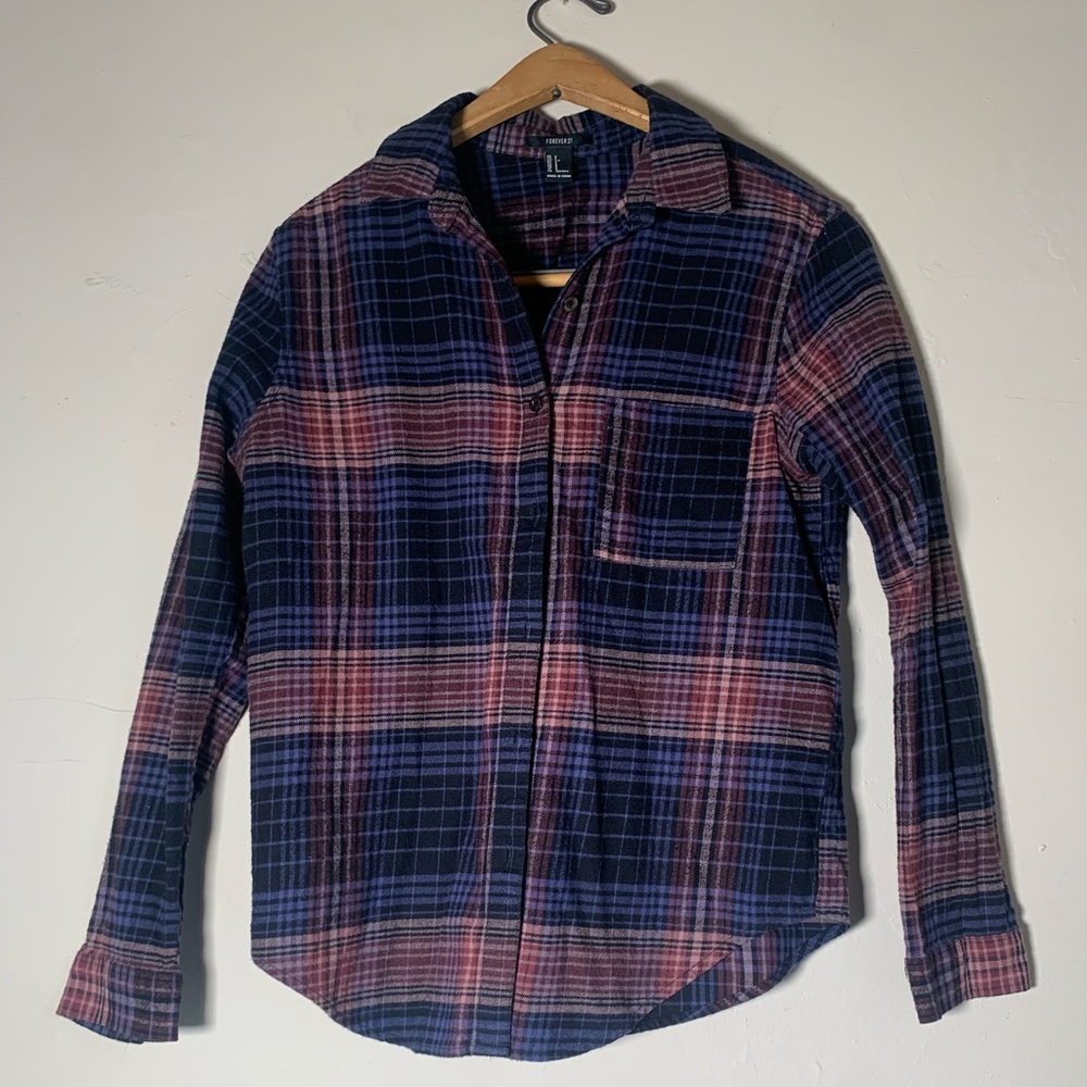 Forever 21 oversized purple pink brown flannel sz S color closest to last photo